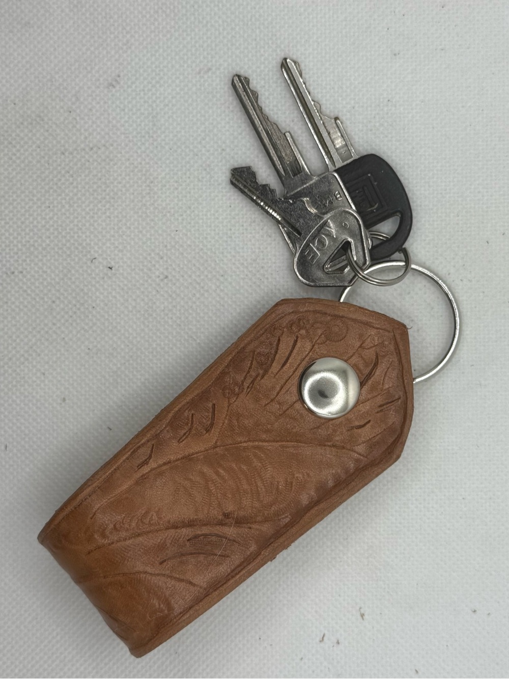 Handmade Natural Tan Leather Tooled Key Fob Keychain